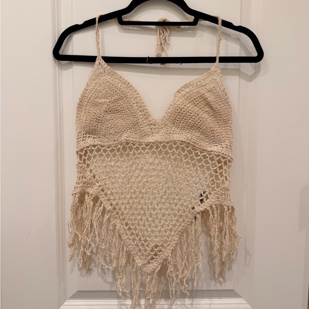 Sans Souci Cream Crochet Fringe Crop Top
